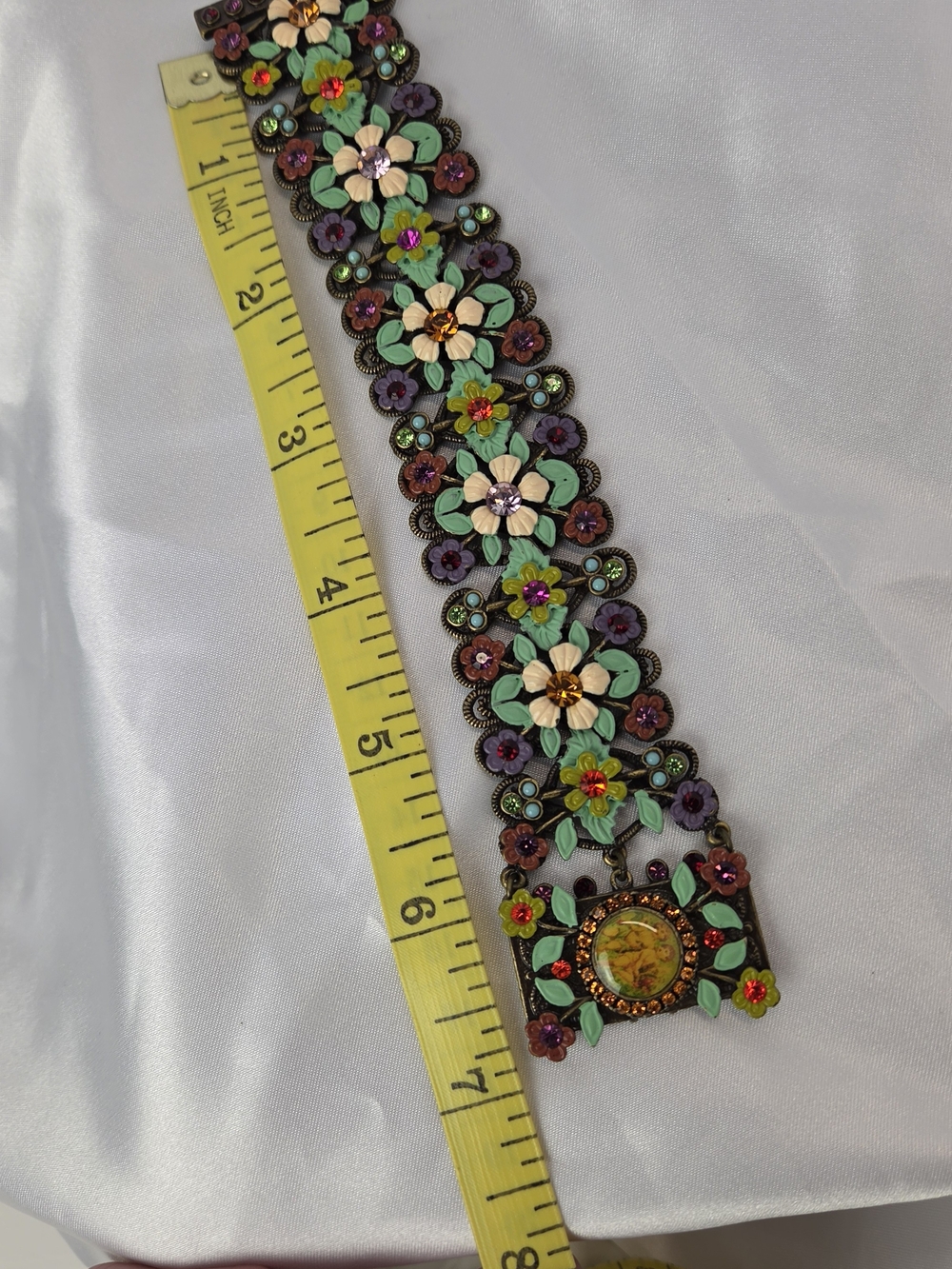 Antique Brass Floral Stretch Bracelet with Colorful Enamel Flowers - Picture 6 of 7